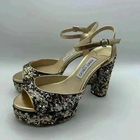 Jimmy Choo London Peachy Peep Toe Sparkle Heels Size 38 Silver Sequins Gold - Picture 6 of 16